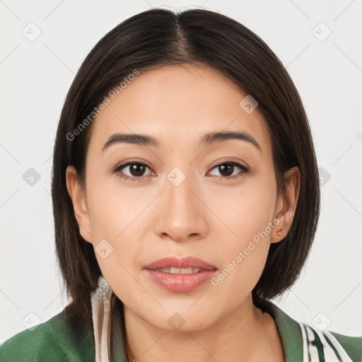 Joyful white young-adult female with medium  brown hair and brown eyes