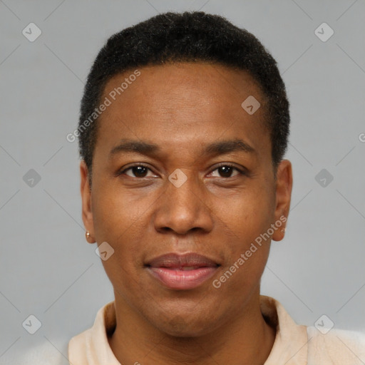 Joyful black young-adult male with short  brown hair and brown eyes
