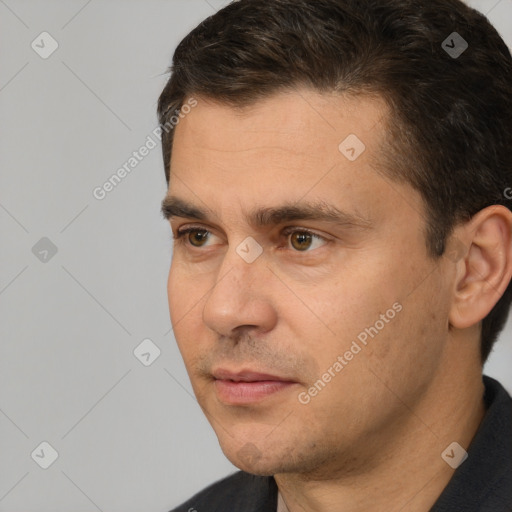 Neutral white adult male with short  brown hair and brown eyes