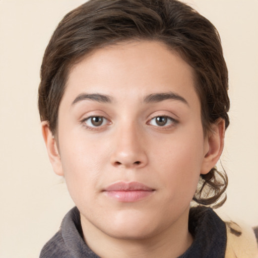 Neutral white young-adult female with short  brown hair and brown eyes