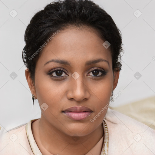 Joyful latino young-adult female with short  brown hair and brown eyes