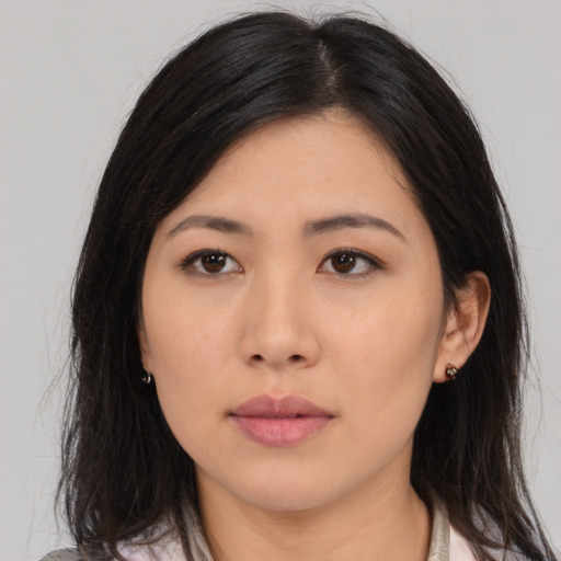 Neutral asian young-adult female with medium  black hair and brown eyes