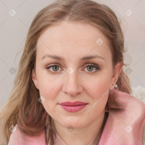 Joyful white young-adult female with medium  brown hair and blue eyes