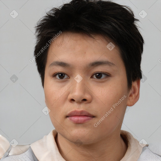 Neutral asian young-adult female with short  brown hair and brown eyes
