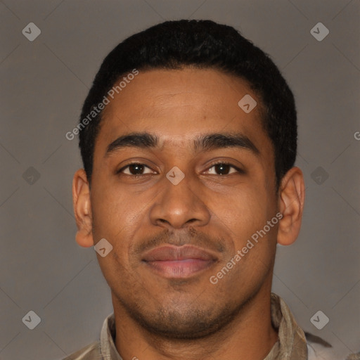 Joyful latino young-adult male with short  brown hair and brown eyes