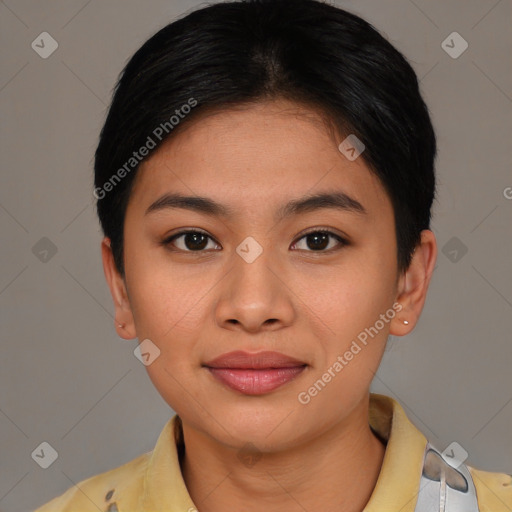 Joyful asian young-adult female with short  brown hair and brown eyes