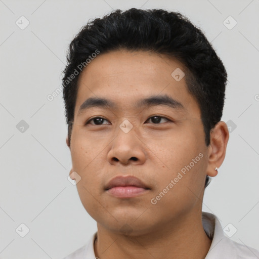 Neutral asian young-adult male with short  black hair and brown eyes