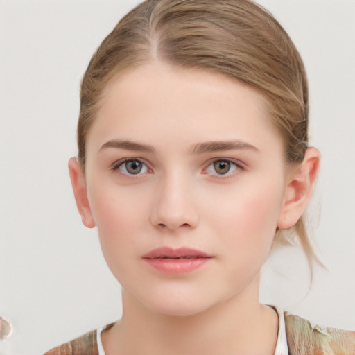 Neutral white young-adult female with medium  brown hair and grey eyes