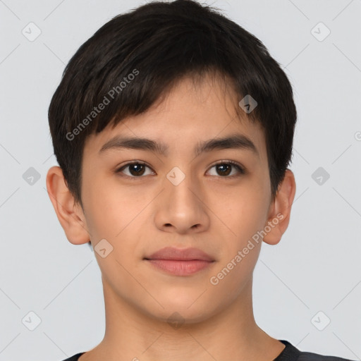 Neutral asian young-adult male with short  brown hair and brown eyes