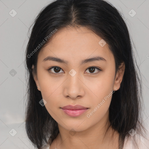 Neutral asian young-adult female with long  brown hair and brown eyes