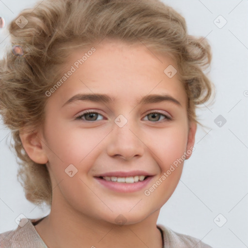 Joyful white child female with short  brown hair and brown eyes