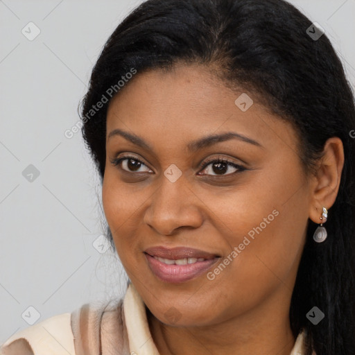 Joyful latino young-adult female with long  brown hair and brown eyes