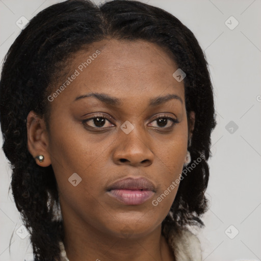 Neutral black young-adult female with long  brown hair and brown eyes