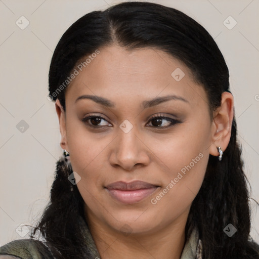 Joyful asian young-adult female with long  black hair and brown eyes