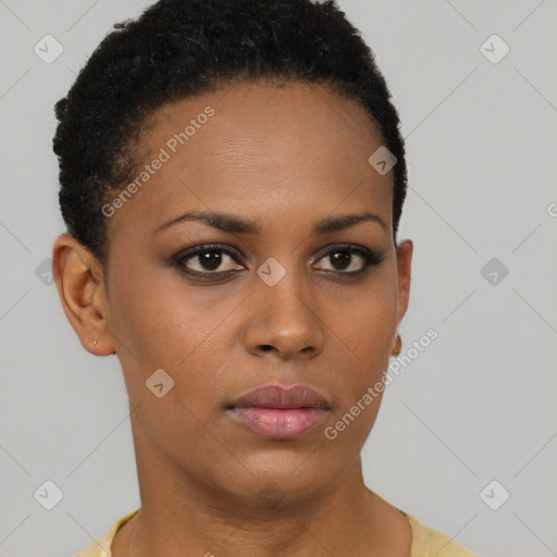 Neutral black young-adult female with short  brown hair and brown eyes