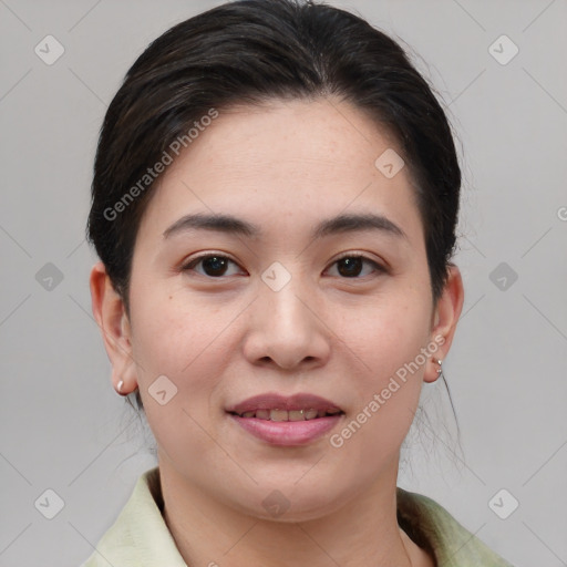 Joyful asian young-adult female with medium  brown hair and brown eyes