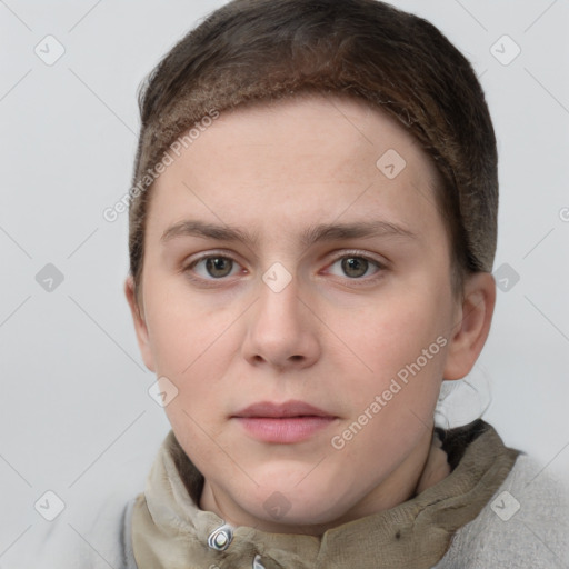 Neutral white young-adult female with short  brown hair and grey eyes