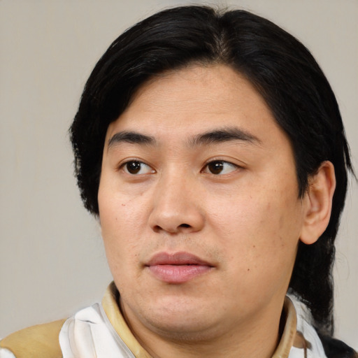 Neutral asian adult male with short  brown hair and brown eyes