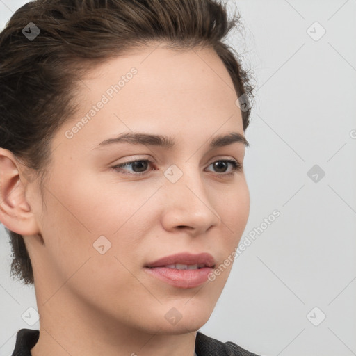 Neutral white young-adult female with medium  brown hair and brown eyes