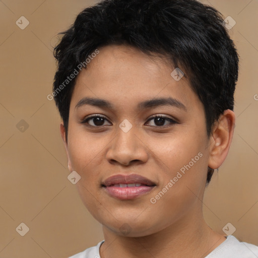 Joyful asian young-adult female with short  brown hair and brown eyes