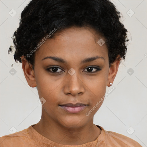 Neutral latino young-adult female with short  brown hair and brown eyes