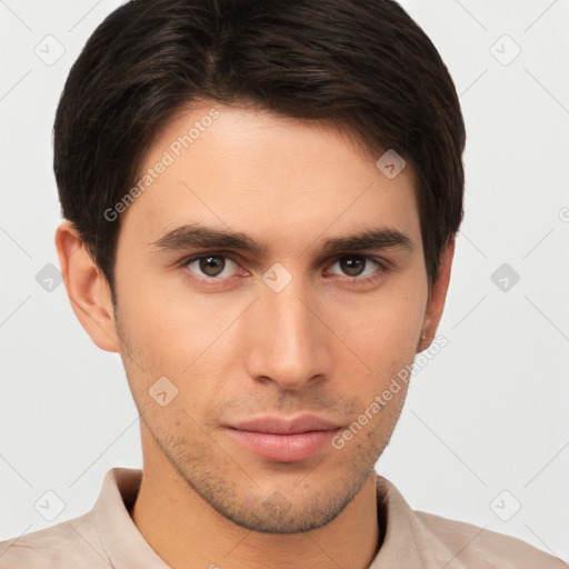 Neutral white young-adult male with short  brown hair and brown eyes