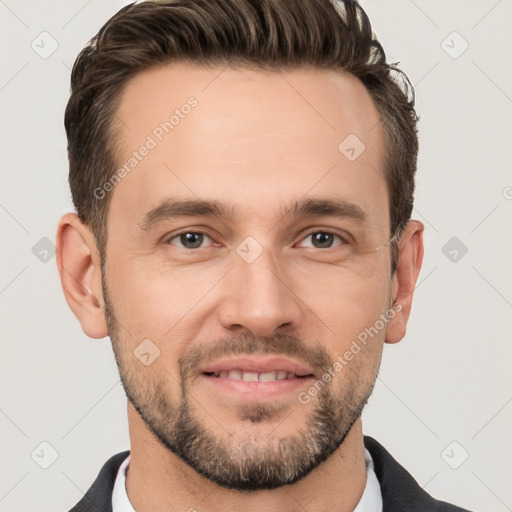 Joyful white adult male with short  brown hair and brown eyes