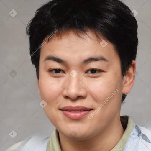 Joyful asian young-adult male with medium  brown hair and brown eyes