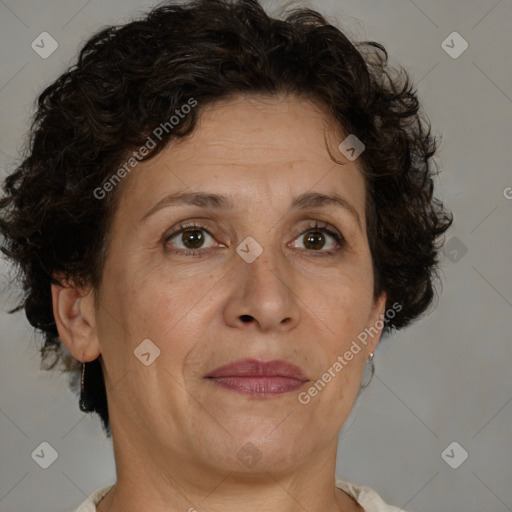 Joyful white adult female with short  brown hair and brown eyes