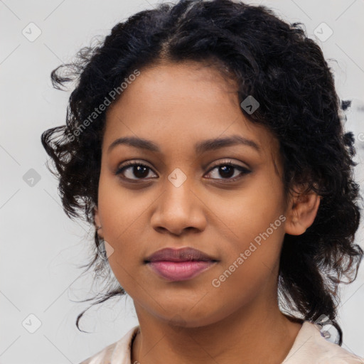 Joyful latino young-adult female with medium  black hair and brown eyes