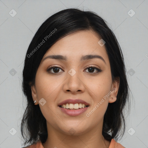 Joyful asian young-adult female with medium  black hair and brown eyes