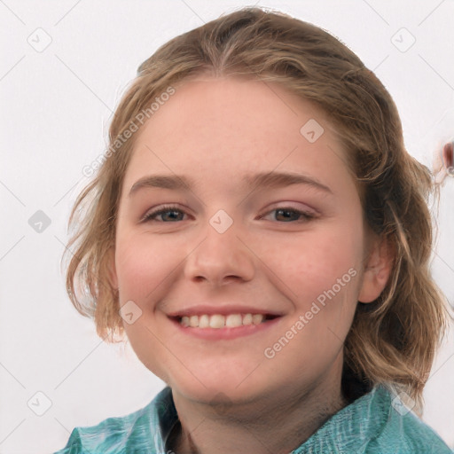 Joyful white child female with medium  brown hair and blue eyes