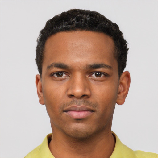 Neutral black young-adult male with short  black hair and brown eyes