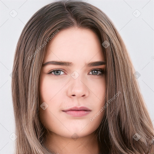 Neutral white young-adult female with long  brown hair and brown eyes