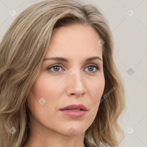 Joyful white young-adult female with medium  brown hair and green eyes