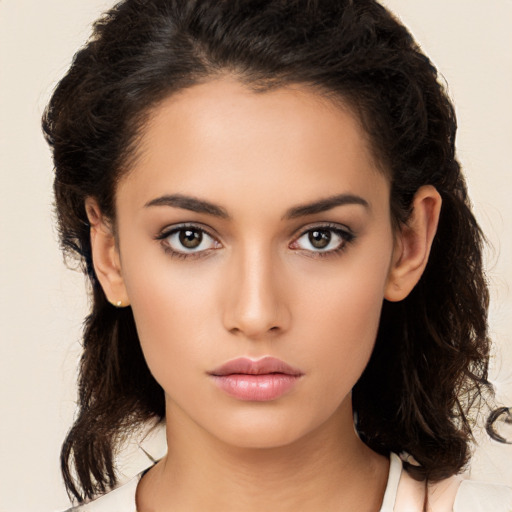 Neutral white young-adult female with medium  brown hair and brown eyes