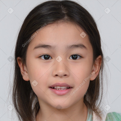 Joyful white child female with medium  brown hair and brown eyes