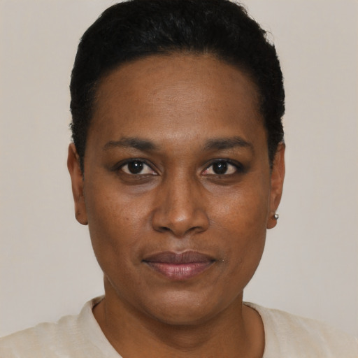Neutral black young-adult female with short  black hair and brown eyes