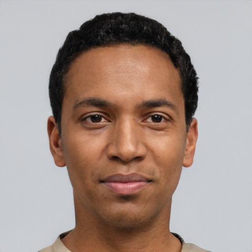 Neutral black young-adult male with short  black hair and brown eyes