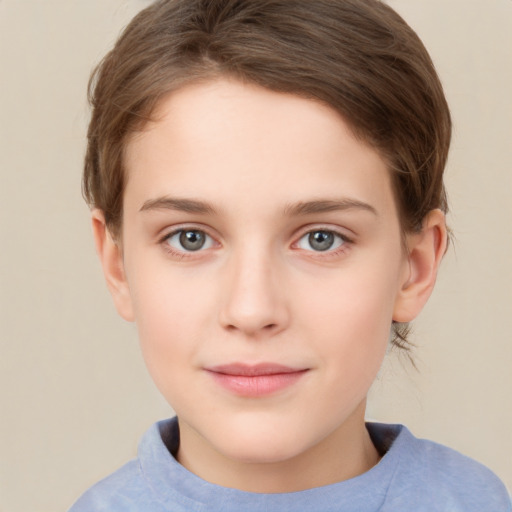 Joyful white child female with short  brown hair and brown eyes