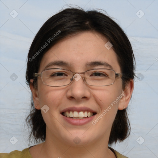 Joyful white adult female with medium  brown hair and brown eyes