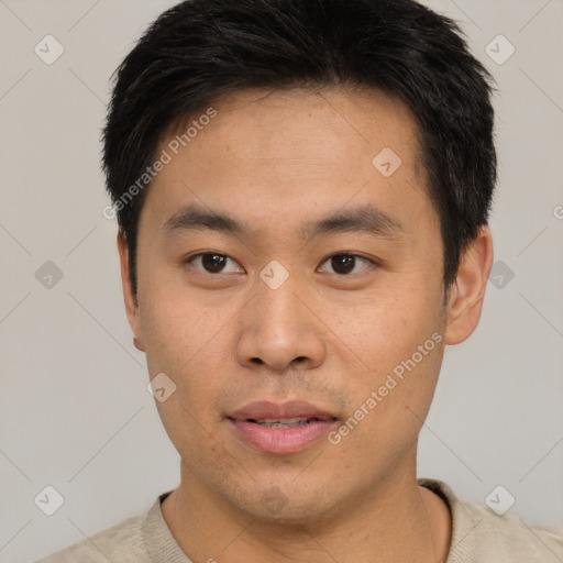 Neutral asian young-adult male with short  brown hair and brown eyes