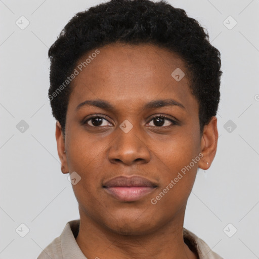 Joyful black young-adult female with short  black hair and brown eyes