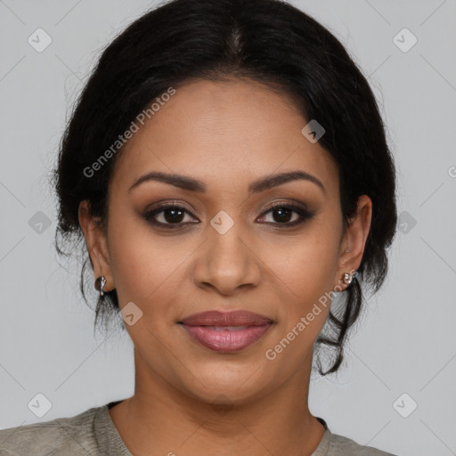 Joyful latino young-adult female with medium  brown hair and brown eyes