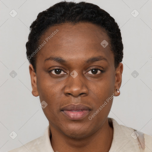 Neutral black young-adult female with short  black hair and brown eyes