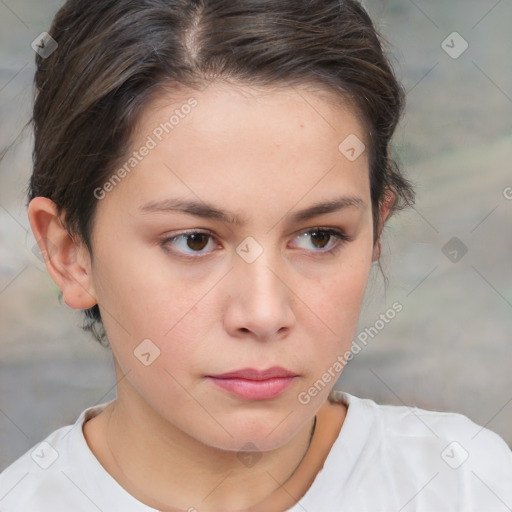 Neutral white young-adult female with short  brown hair and brown eyes