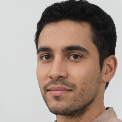 Neutral white young-adult male with short  black hair and brown eyes