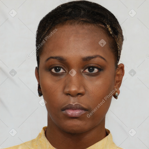 Neutral black young-adult female with short  brown hair and brown eyes