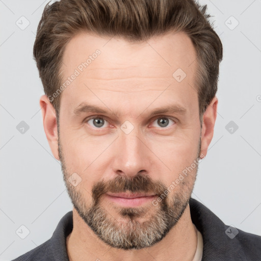 Neutral white adult male with short  brown hair and brown eyes