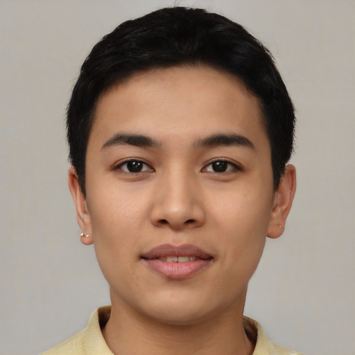 Neutral asian young-adult male with short  black hair and brown eyes